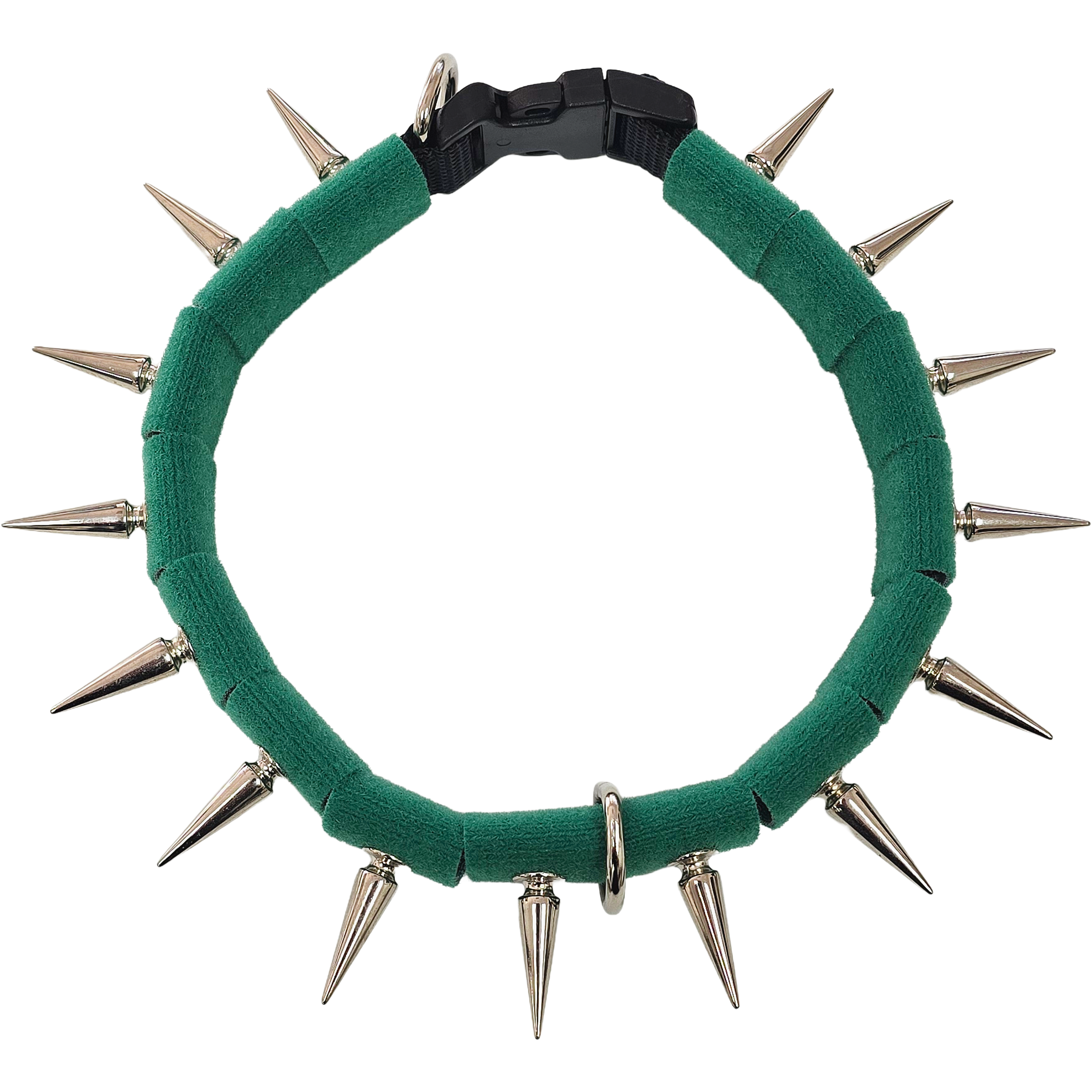 Spiked collar with green fabric band, black clasp, and silver-tone metal spikes