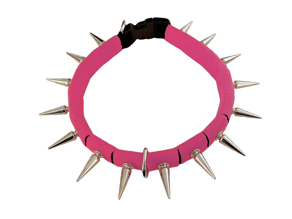 Spiked fabric coyote collar in pink with silver studs and metal links
