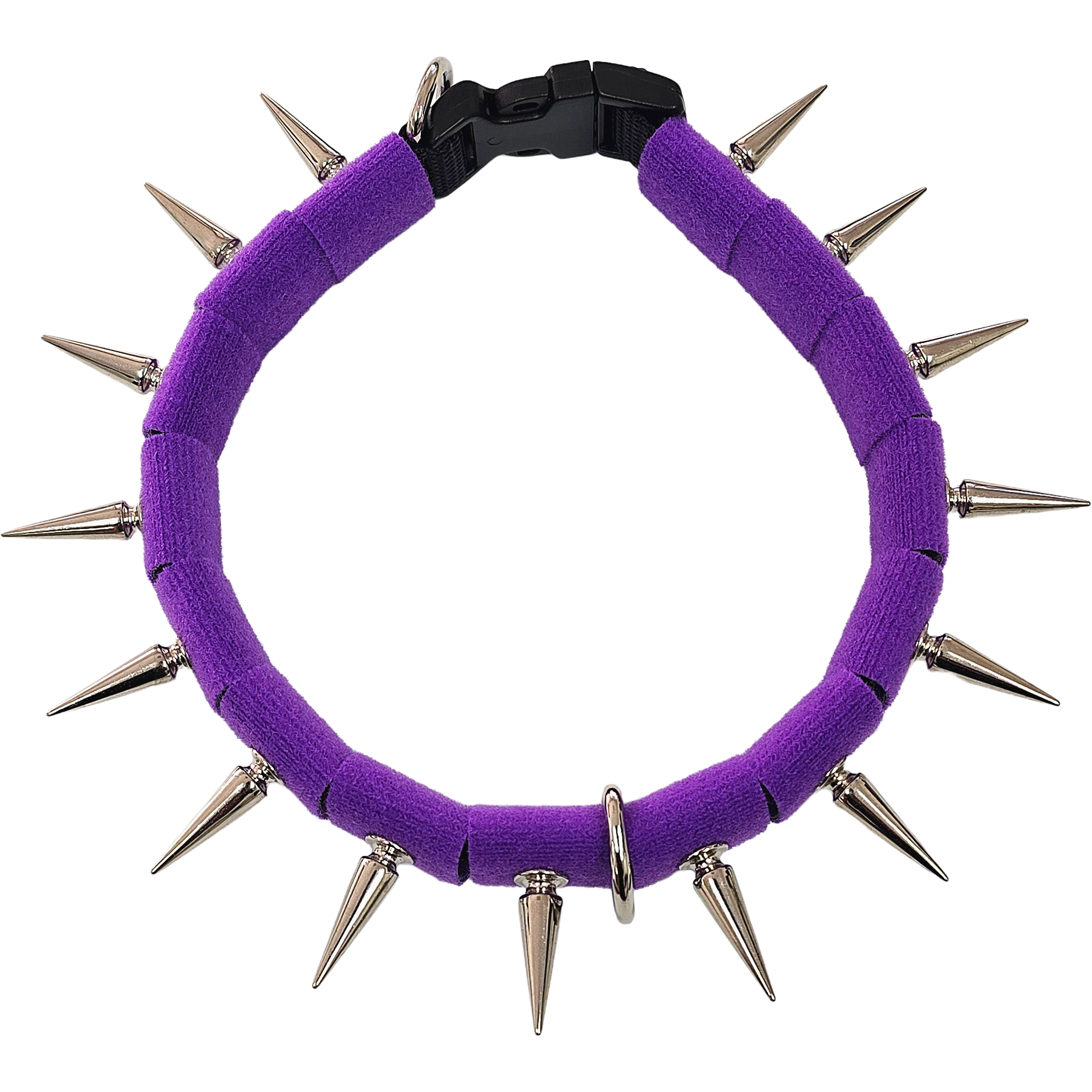 Spiked collar with purple fabric band, black clasp, and silver-tone metal spikes