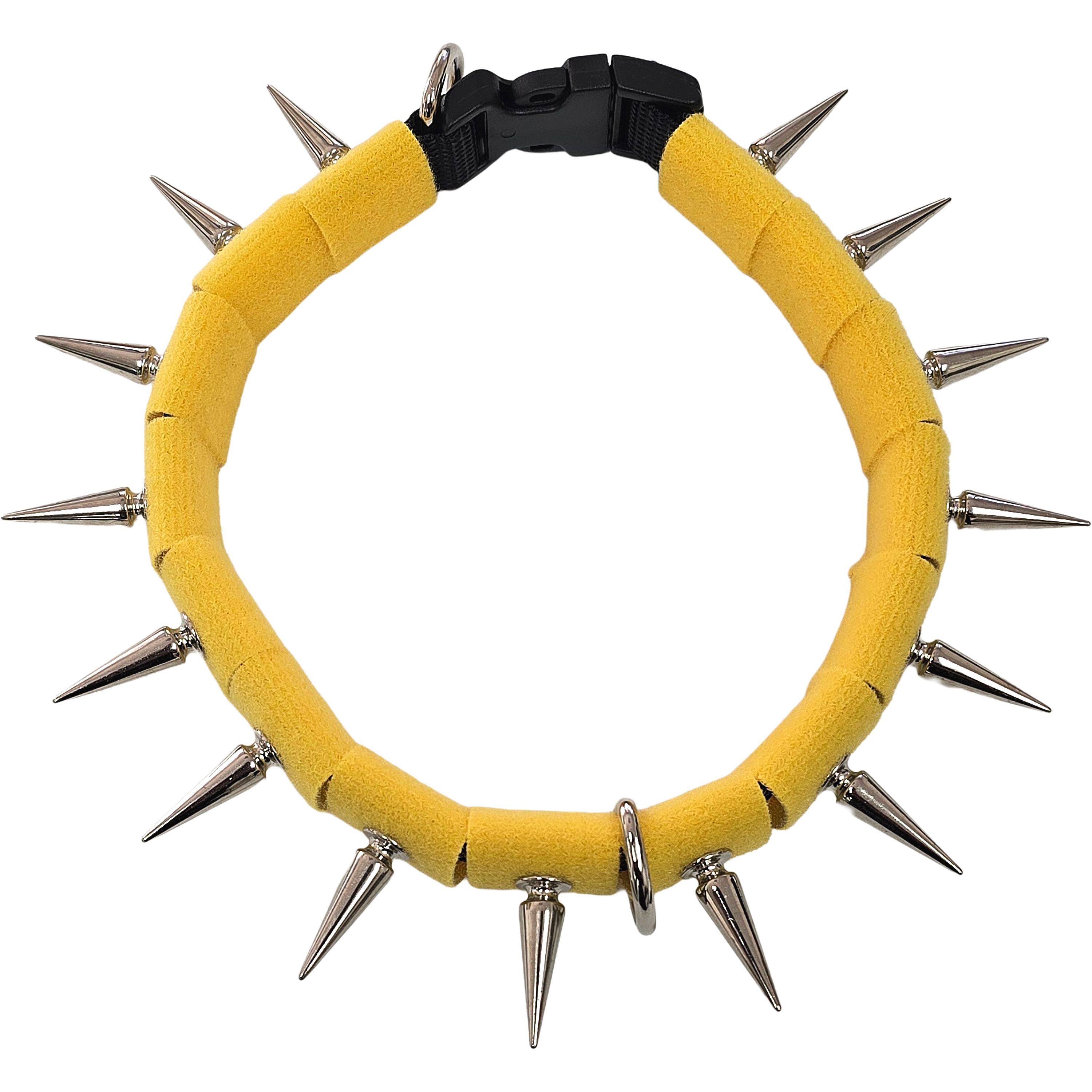 Spiked collar with yellow fabric band, black clasp, and silver-tone metal spikes