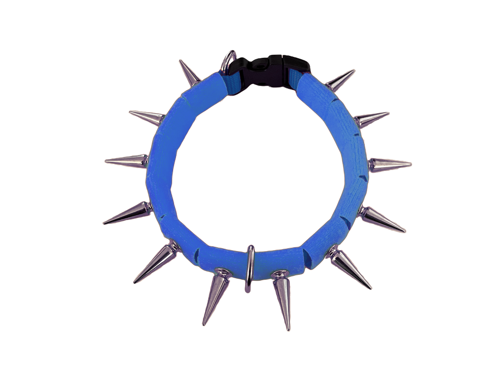 Coyote collar blue fabric ring with silver spikes and metal clasp at back.