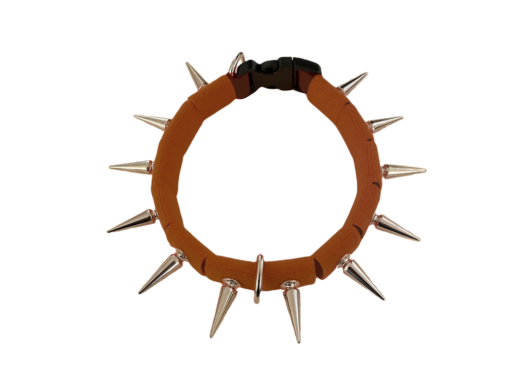 Coyote collar rust-brown fabric ring with silver spikes and metal clasp at back.