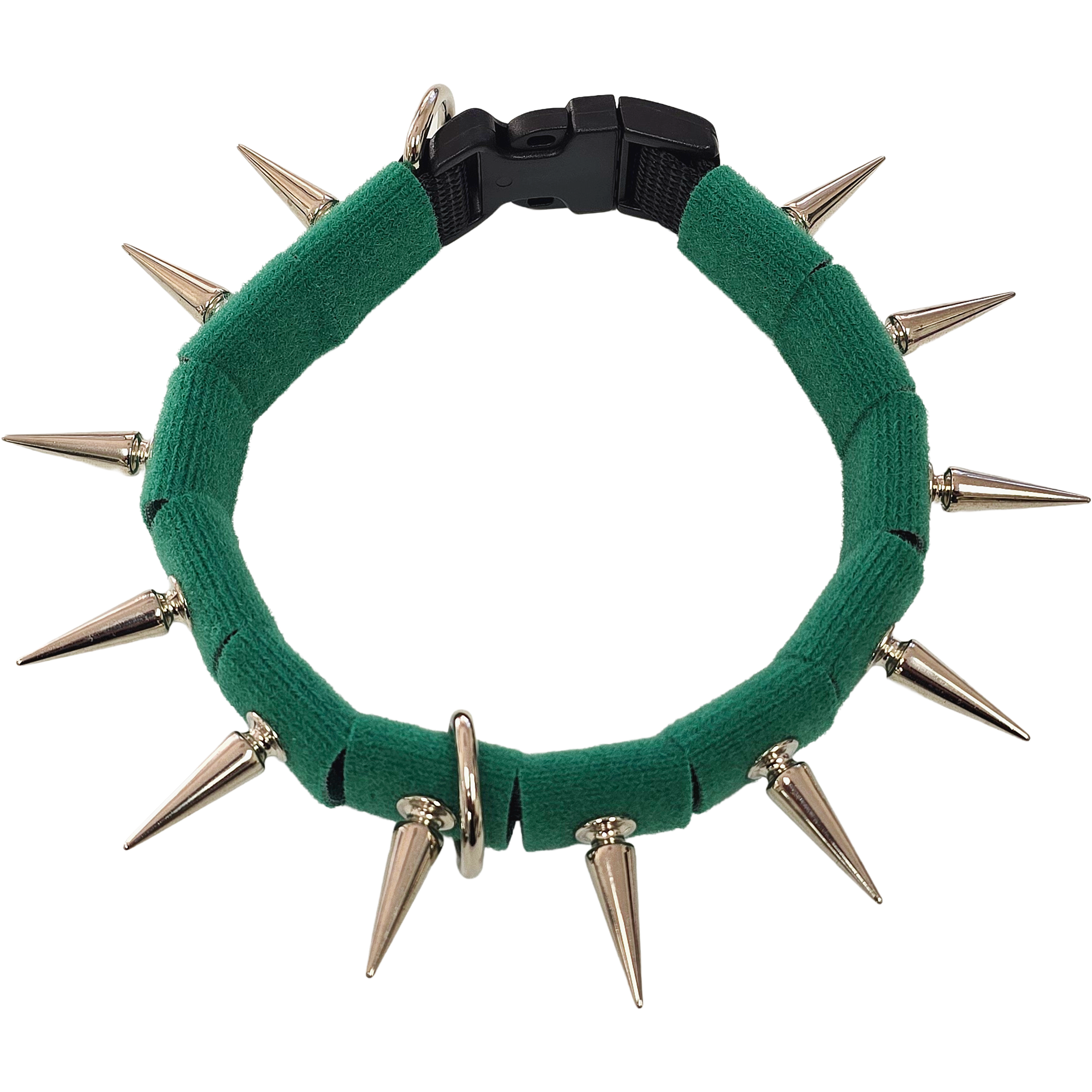 Spiked collar with green fabric band, black clasp, and silver-tone metal spikes