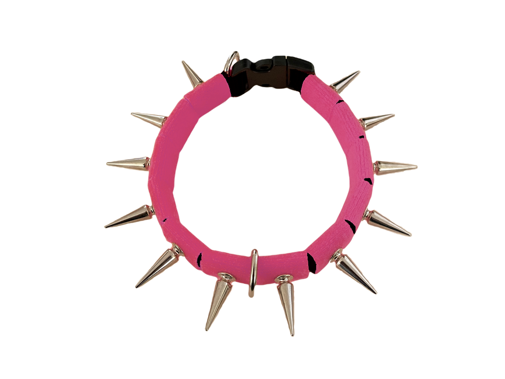 Spiked fabric coyote collar with pink band and black backing with silver studs