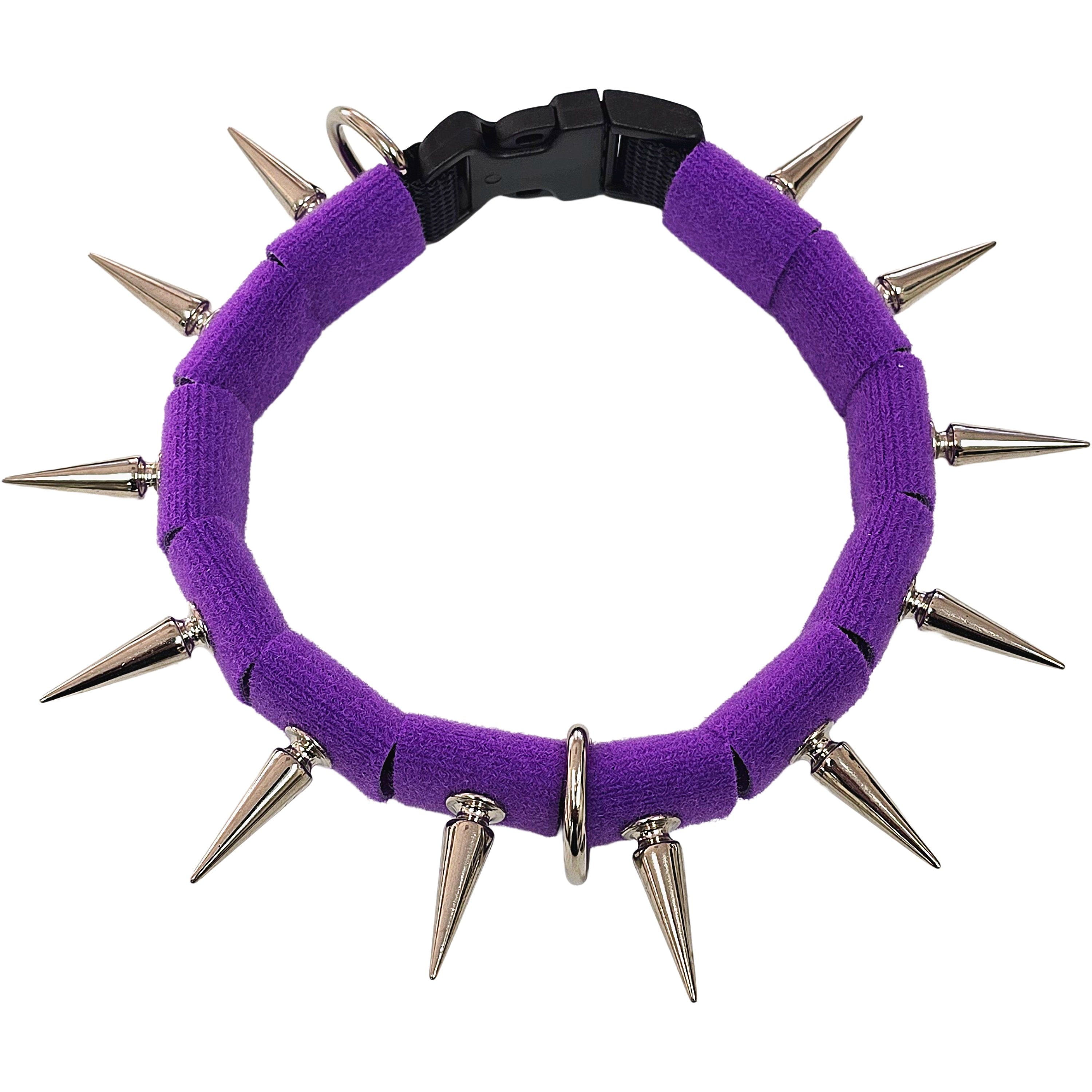 Spiked collar with purple fabric band, black clasp, and silver-tone metal spikes