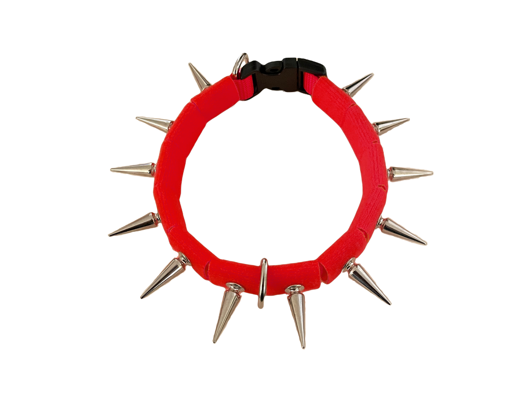 Spiked fabric coyote collar with red band and black backing with silver studs