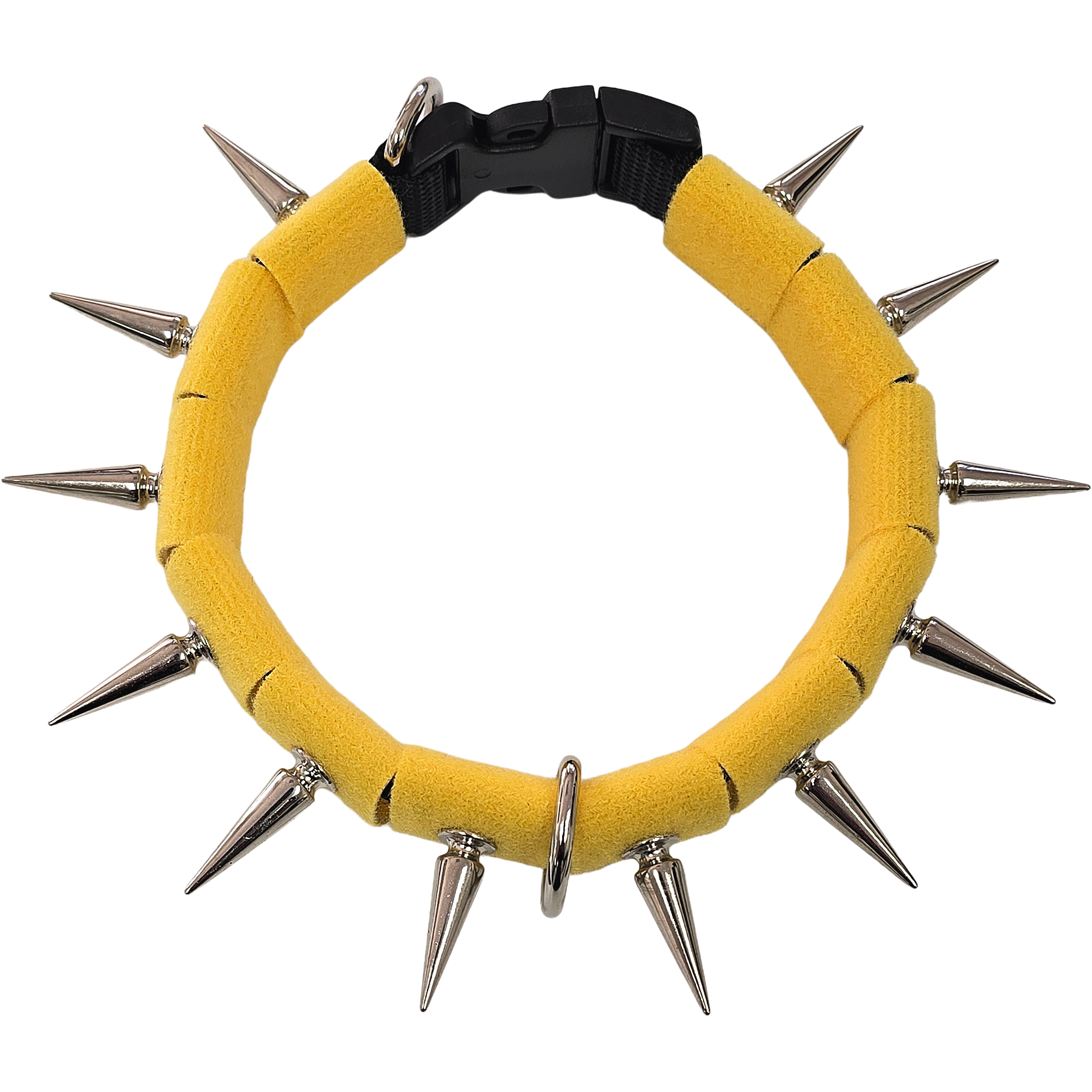 Spiked collar with yellow fabric band, black clasp, and silver-tone metal spikes