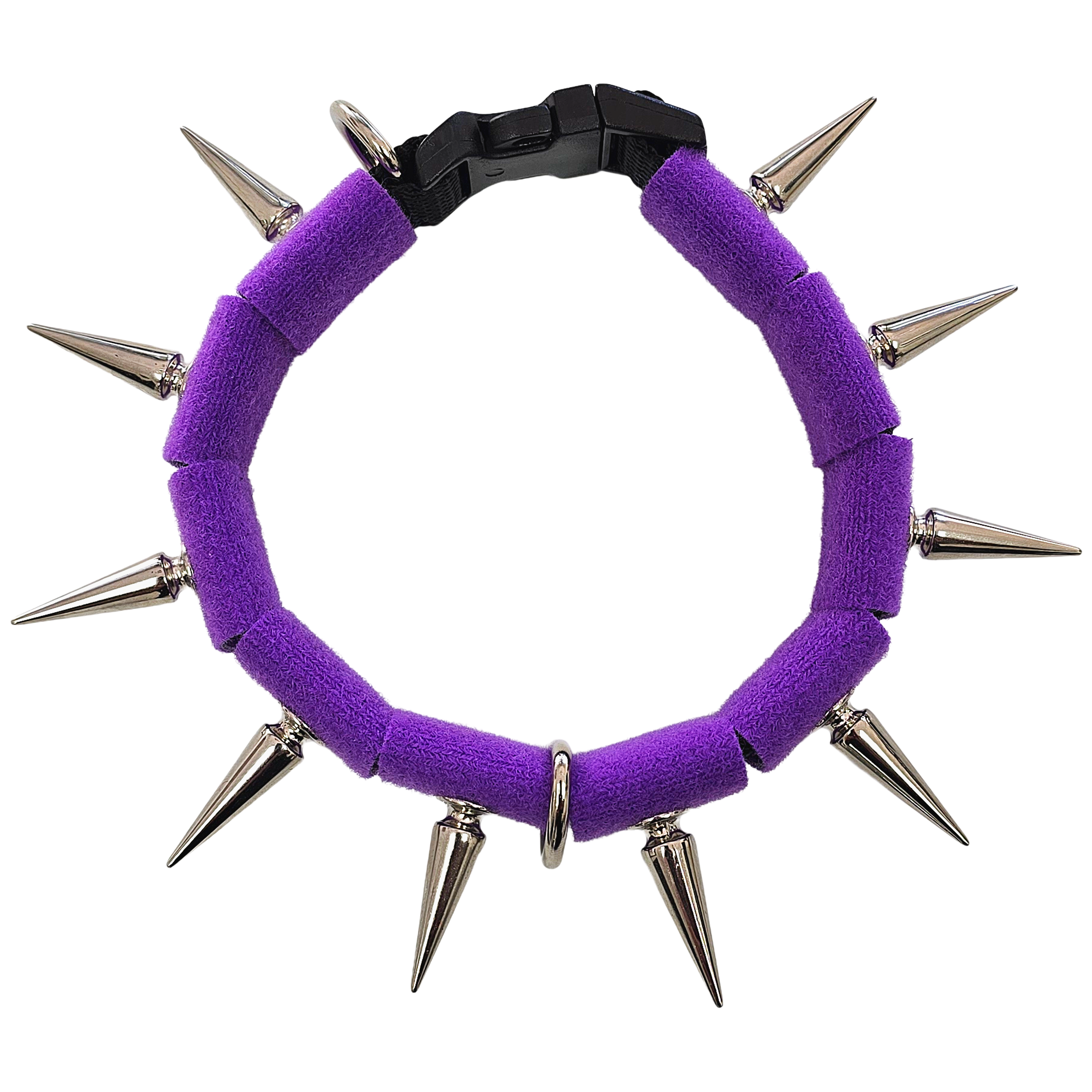 Spiked collar with purple fabric band, black clasp, and silver-tone metal spikes