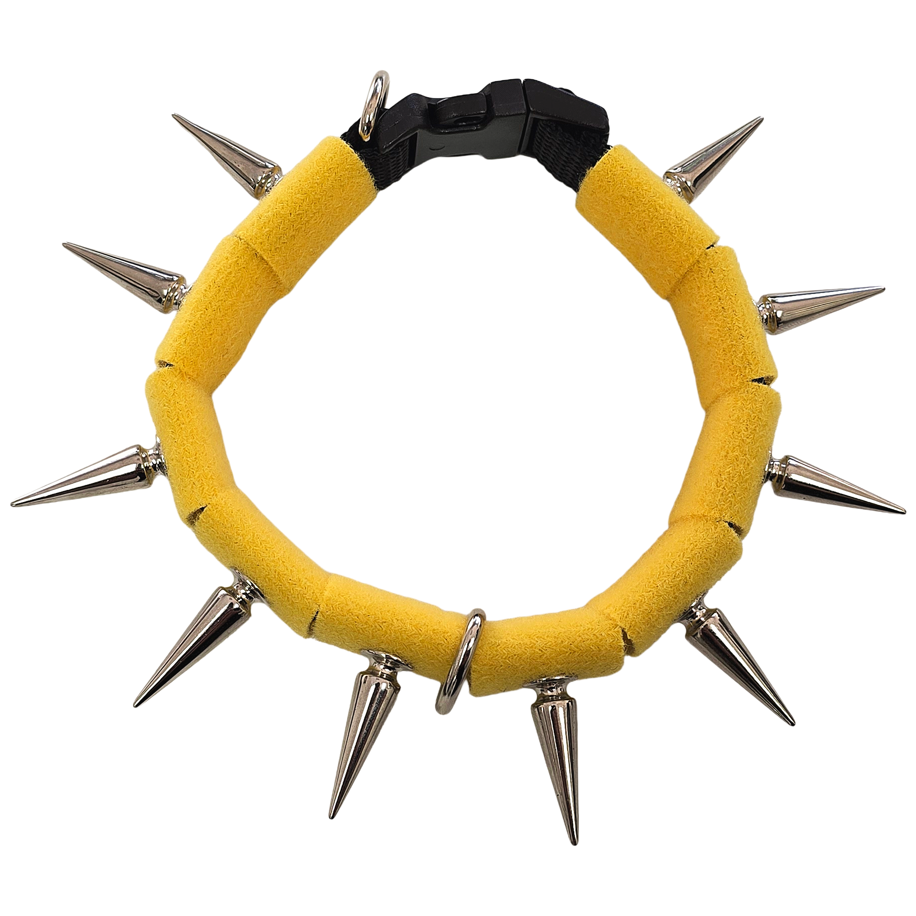 Spiked collar with yellow fabric band, black clasp, and silver-tone metal spikes
