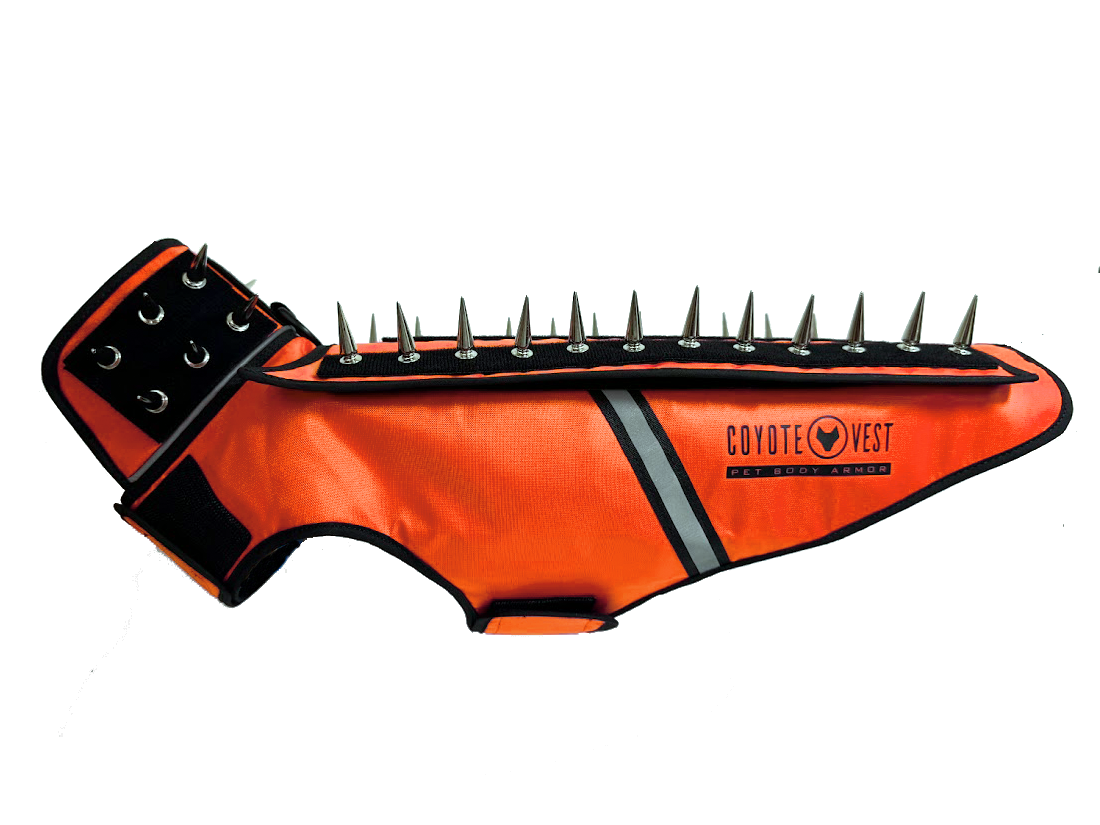 Pet spiked armor vest, neon orange with black spikes and gray stripe across chest