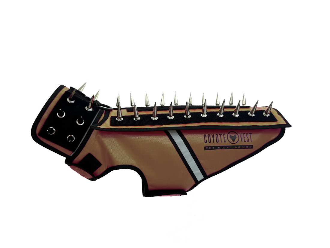 Spiked pet body armor vest in Texas tan with black collar and metal spikes