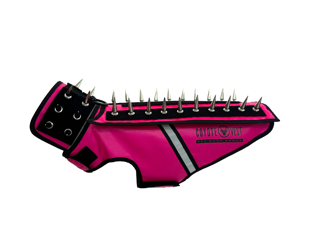 Spiked pet body armor vest in neon pink with black collar and metal spikes