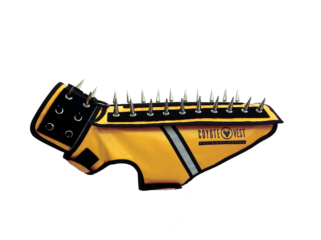Spiked pet body armor vest in yellow with black collar and metal spikes