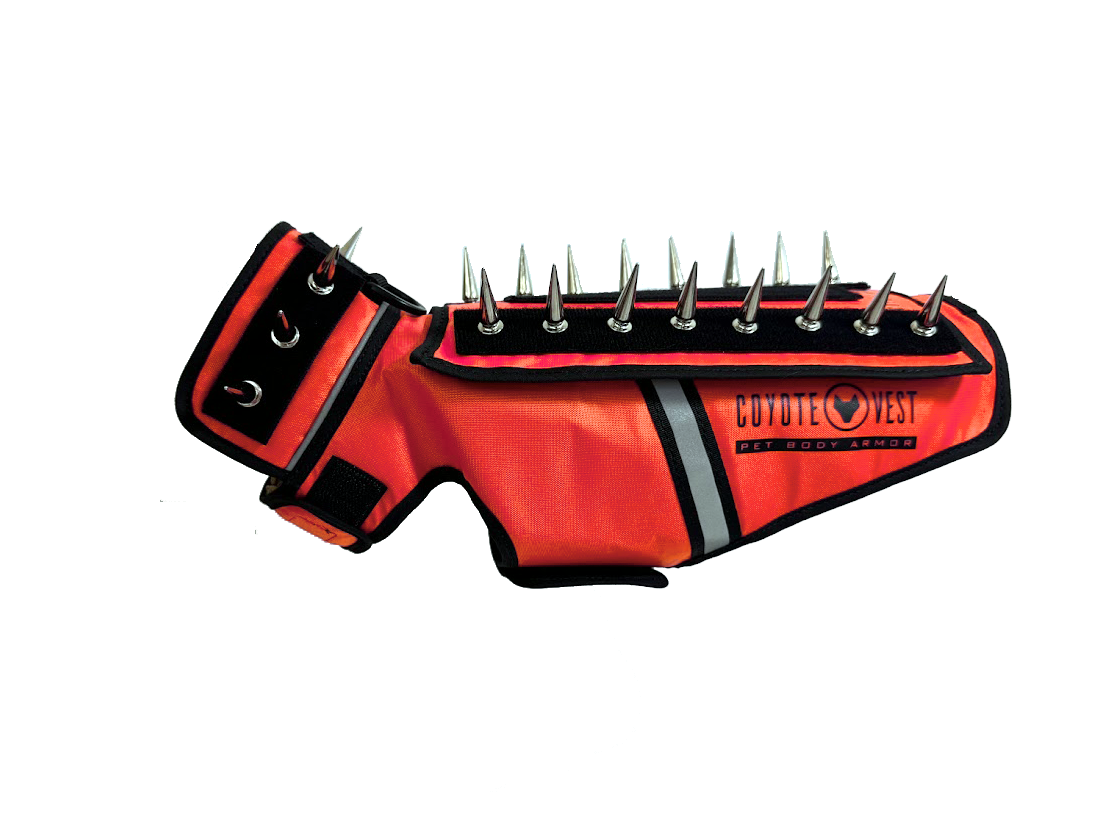 Pet spiked armor vest, red with black spikes and gray stripe; front buckles on neck
