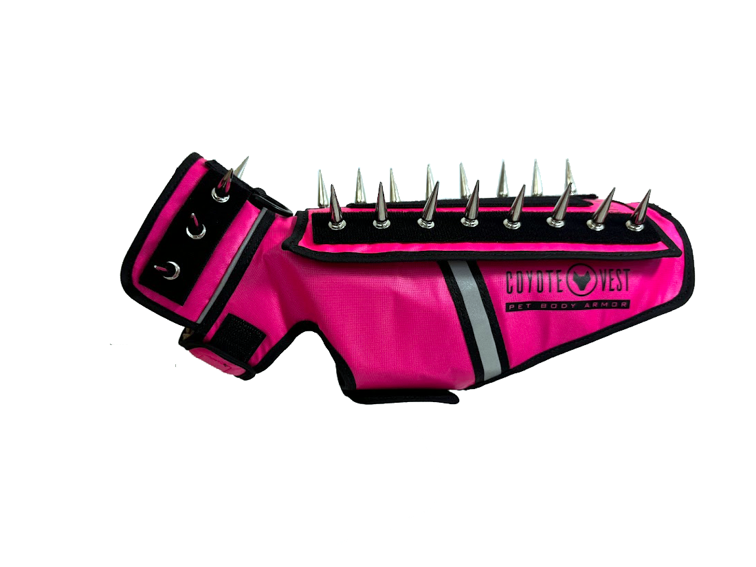 Pet spiked armor vest, magenta pink with black spikes and gray center stripe