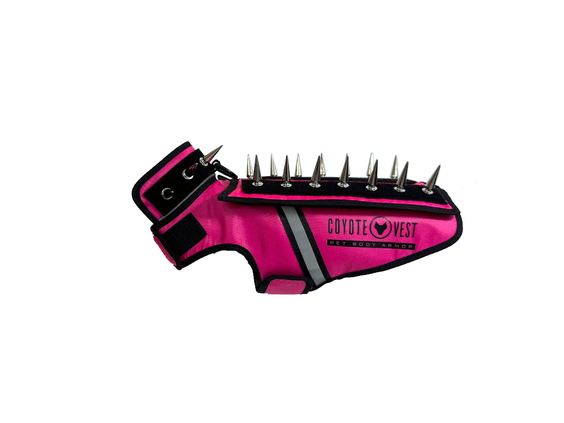 Pet spiked armor vest, neon pink with black spikes and gray center stripe