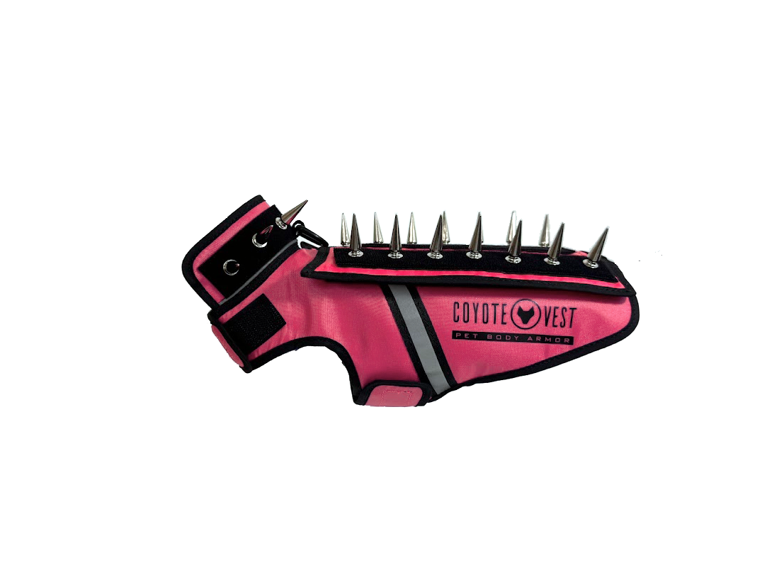 Pet spiked armor vest, bright pink with black spikes and gray center stripe