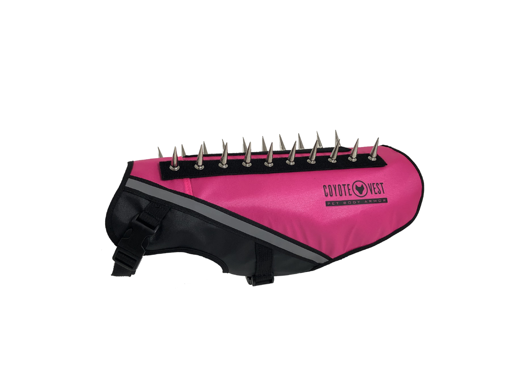 Neon pink dog protective vest with black base, gray trim, and metal prongs