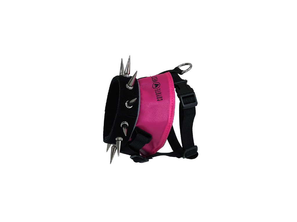 Spiked dog harness with neon pink panel and black straps, metal studs and spikes