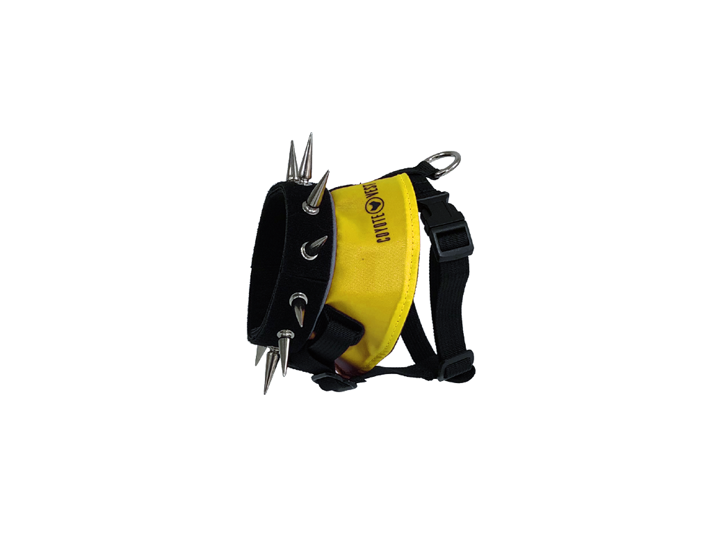 Spiked dog harness with yellow panel and black straps, metal studs and spikes