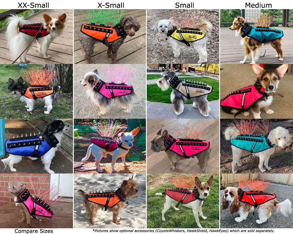 Protective spike dog vest size comparison, from XX-Small to Medium with adjustable straps