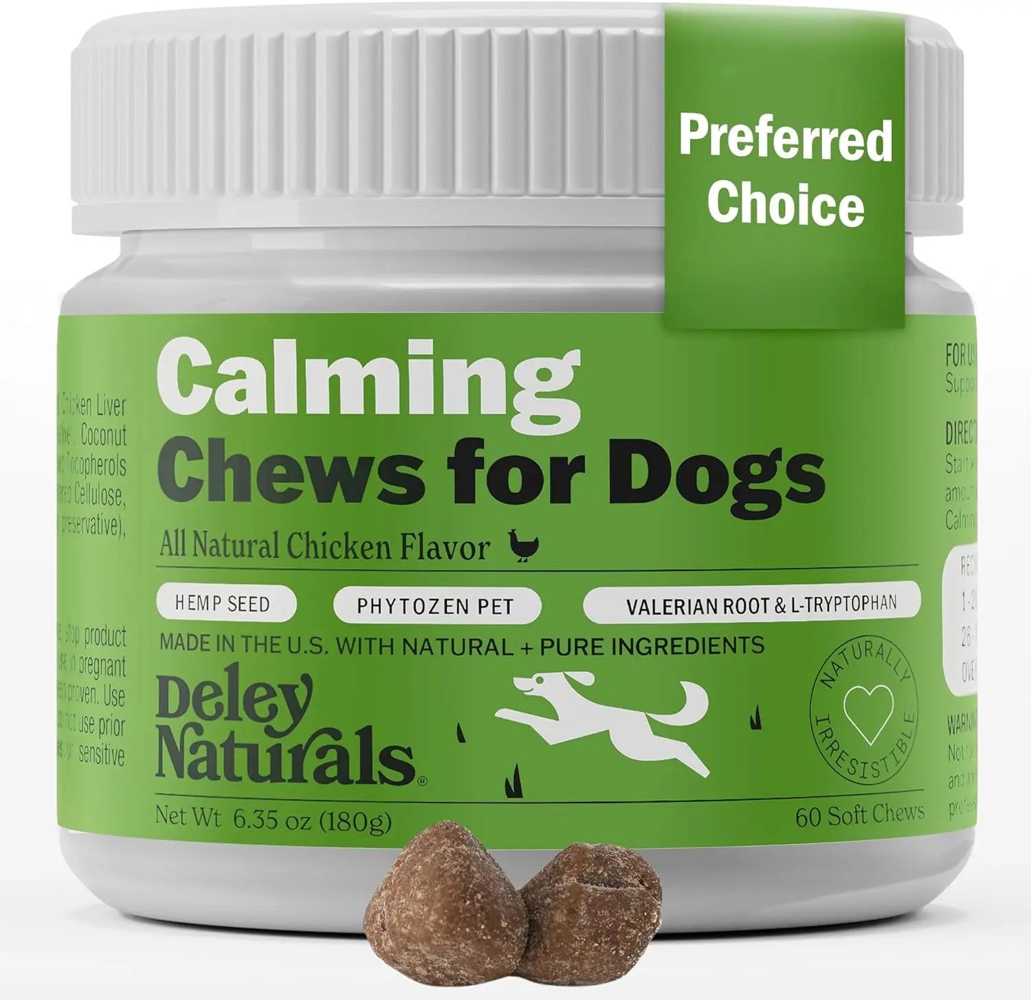 Calming Chews for Dogs soft chew jar with green label and chicken flavor