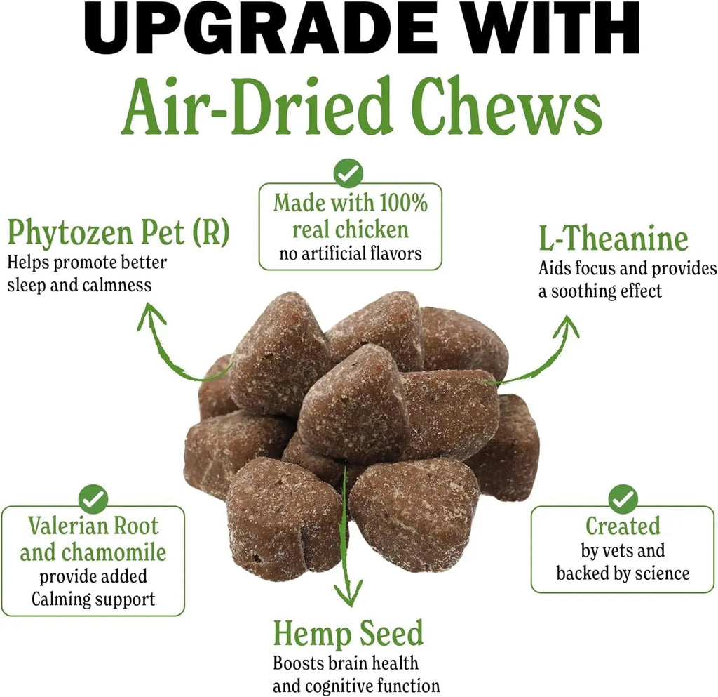 Air-dried chew bites pile with labels for L-Theanine, valerian root and hemp seed
