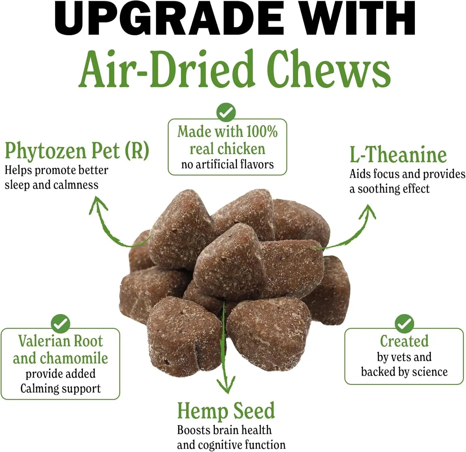 Air-dried chew bites pile with labels for L-Theanine, valerian root and hemp seed
