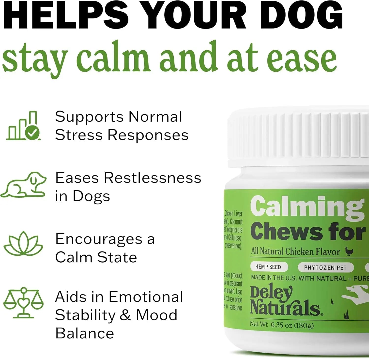 Calming Chews for Dogs bottle with calming benefits callouts on left