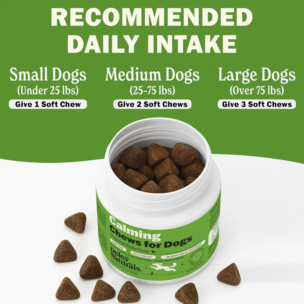 Feeding guide for Calming Chews for Dogs with jar and brown soft chew doses