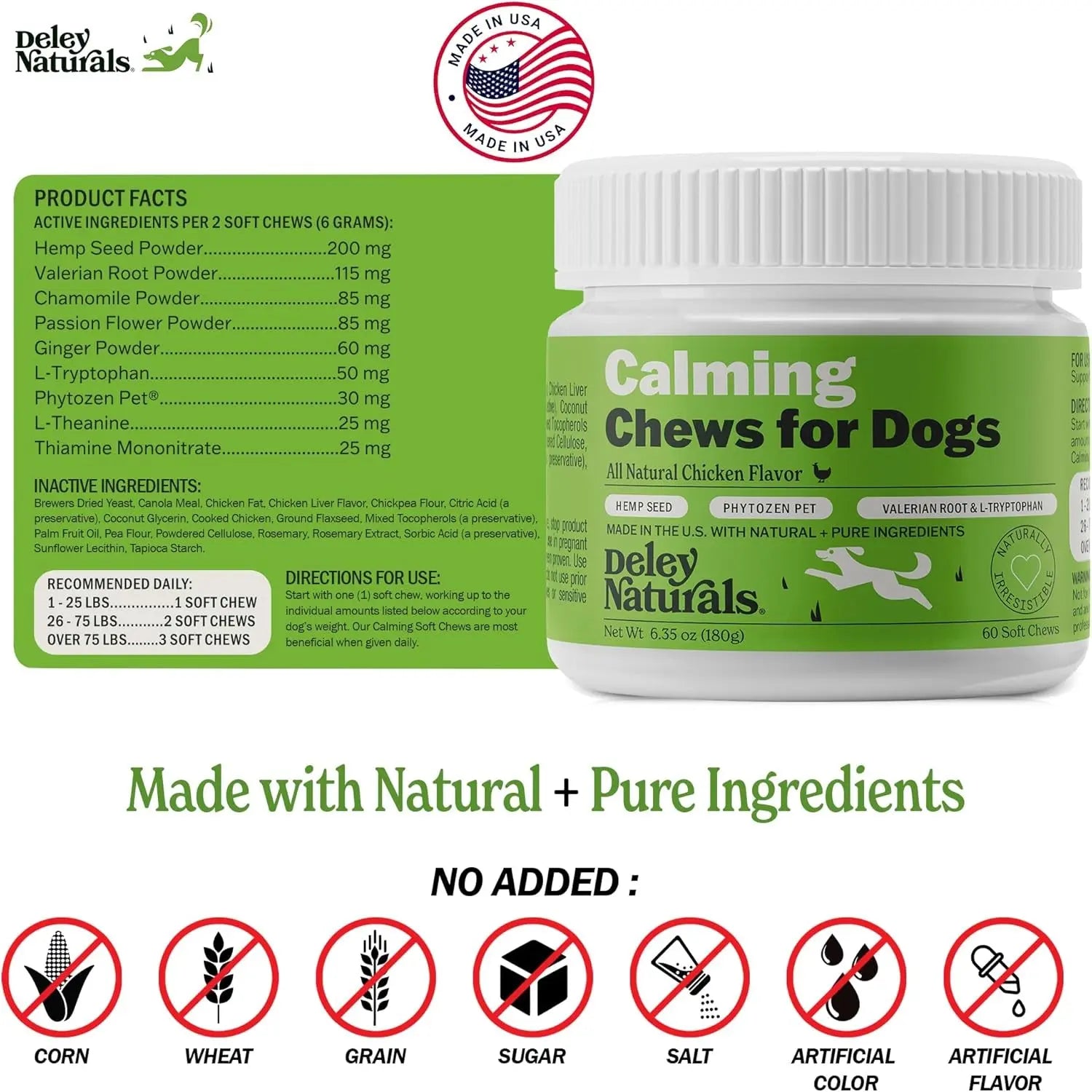 Product facts for Calming Chews for Dogs with bottle and no-added ingredients icons