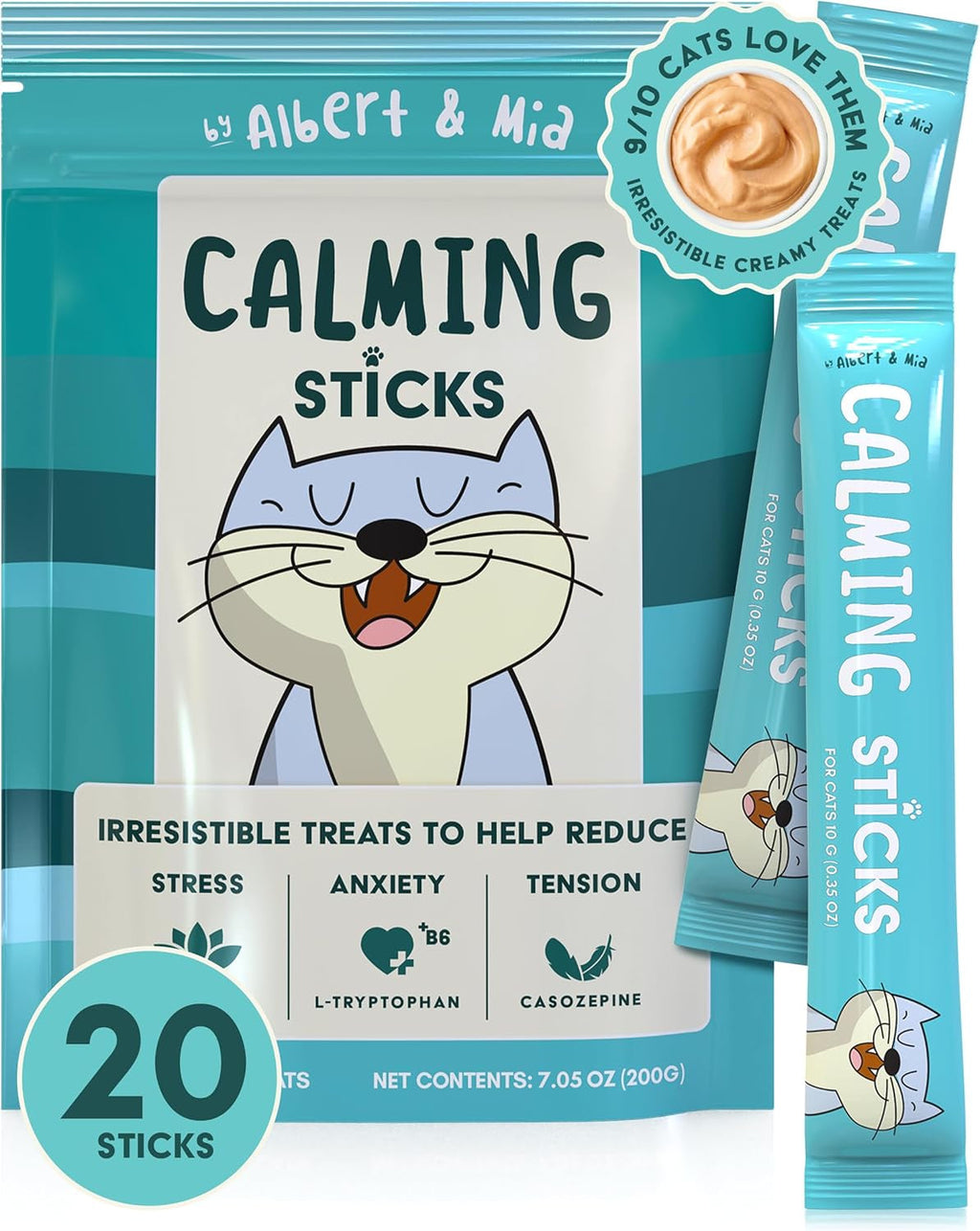Cat calming sticks treat pouch, teal “CALMING STICKS” package with cat badge