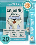 Cat calming sticks treat pouch, teal “CALMING STICKS” package with cat badge