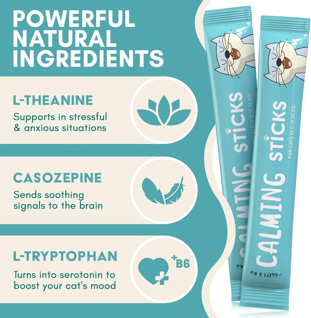 Cat calming sticks ingredient panel with teal stick packets and icons for key actives