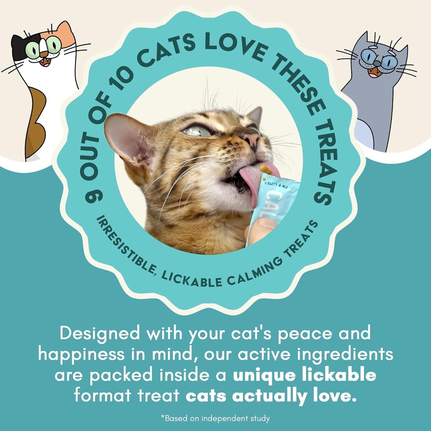 Cat calming sticks badge showing a cat licking a creamy treat stick
