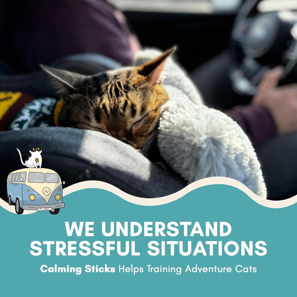 Cat resting on a blanket with a calming sticks promotional graphic