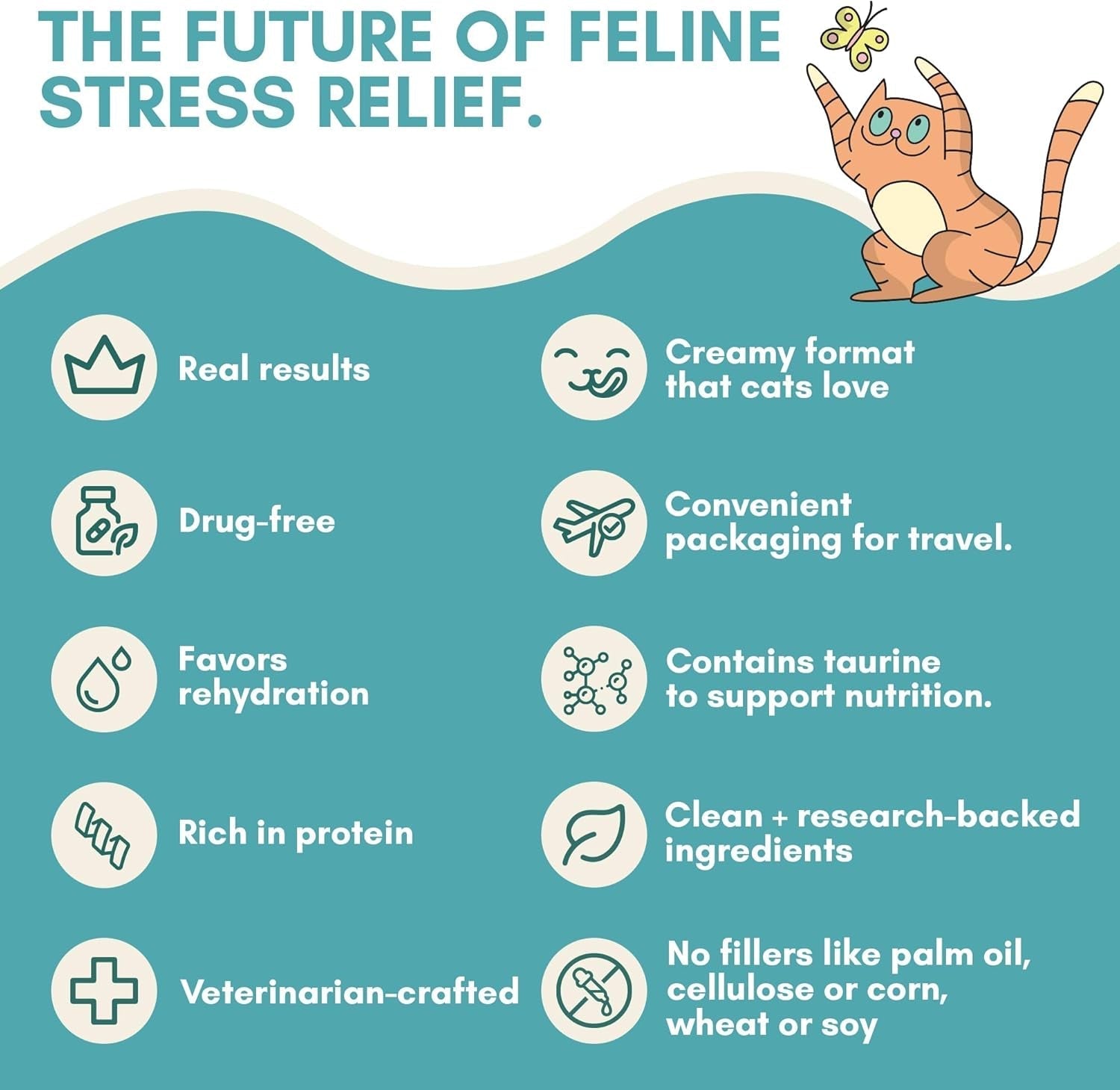 Cat calming sticks benefits infographic with icons like drug-free and taurine