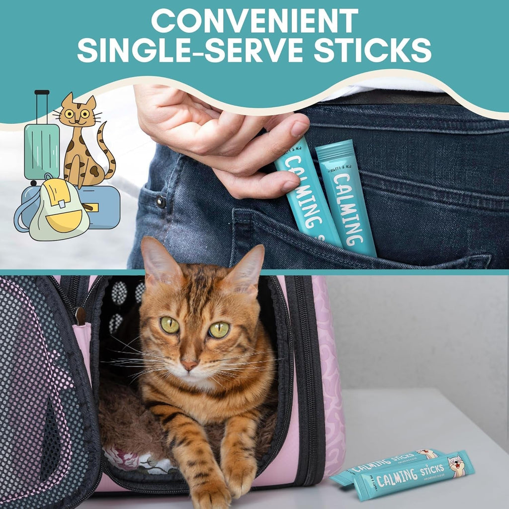 Cat calming sticks single-serve sticks held by hand with cat carrier travel graphic