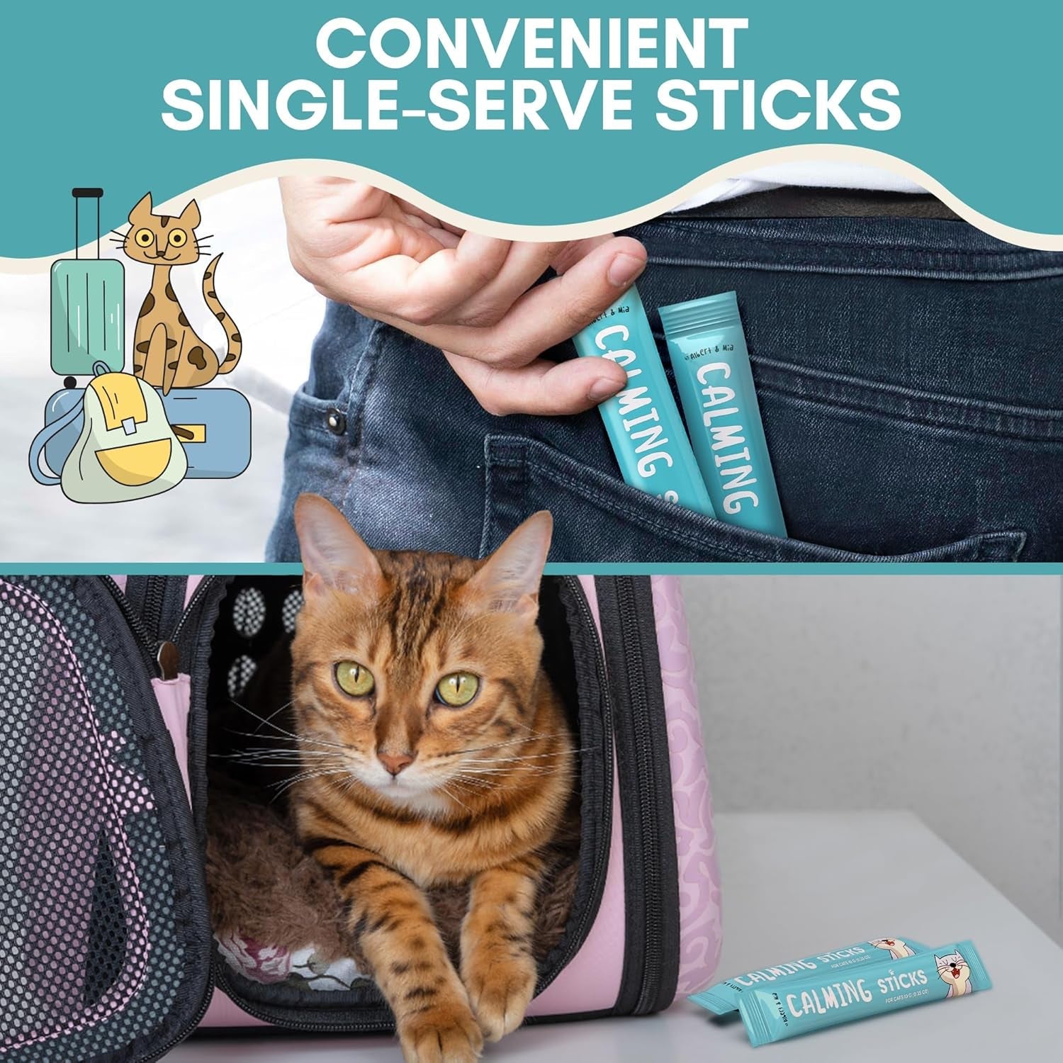Cat calming sticks single-serve sticks held by hand with cat carrier travel graphic