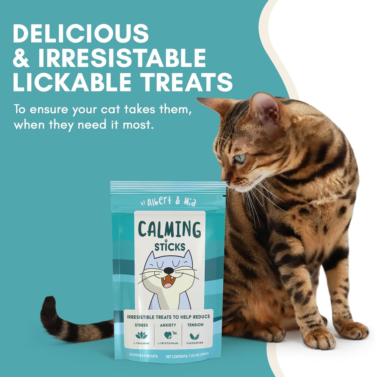 Cat calming sticks pouch with cat sitting beside it, “Delicious & Irresistable Lickable Treats”