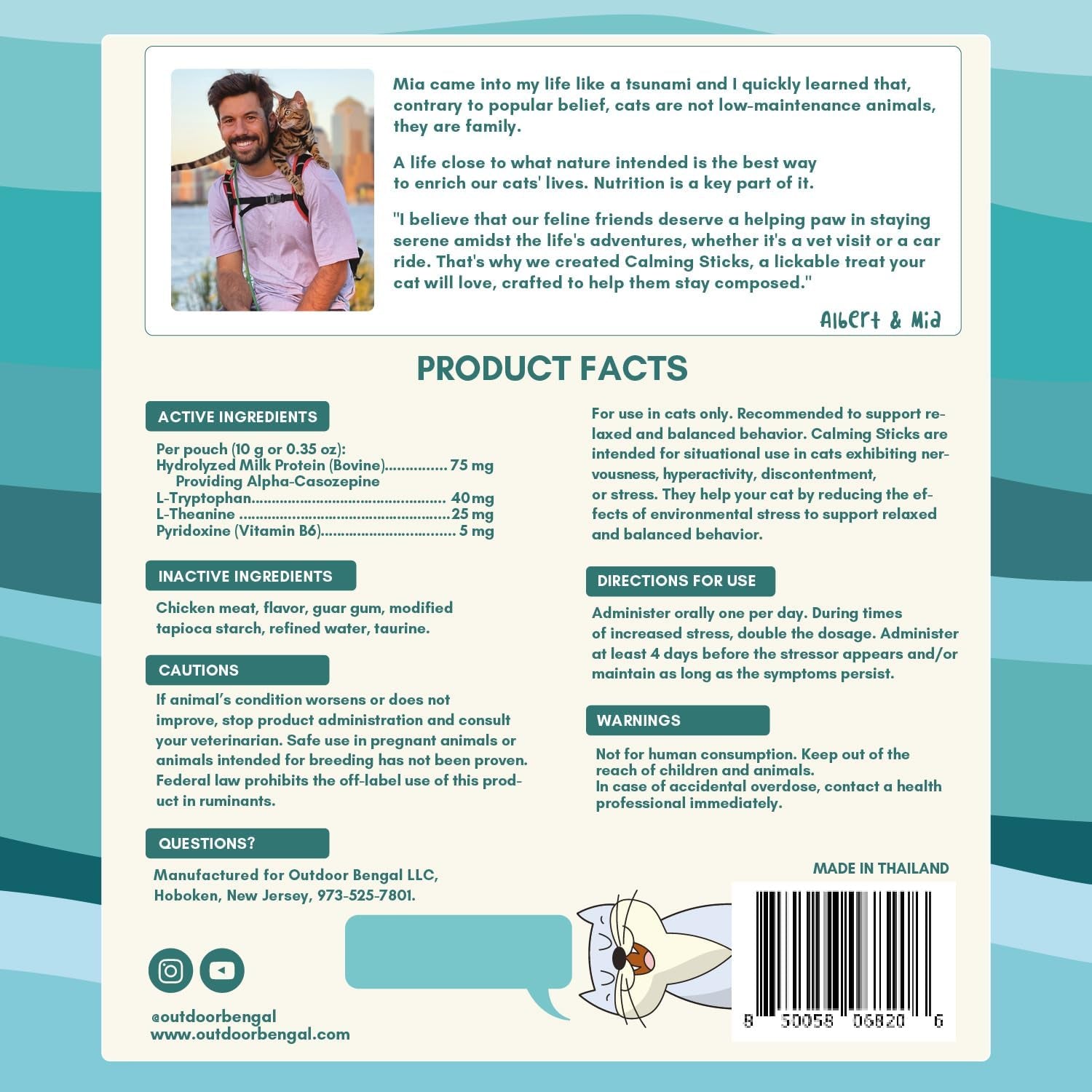 Cat calming sticks back label with product facts, ingredients, directions, and warnings