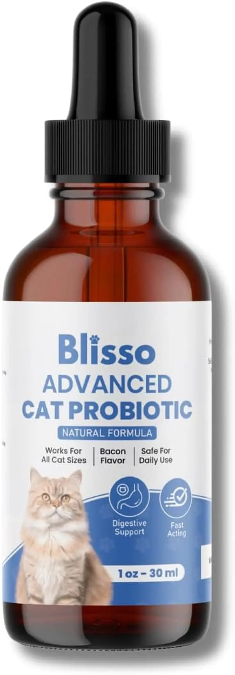 Amber dropper bottle of cat probiotic supplement with black ribbed cap