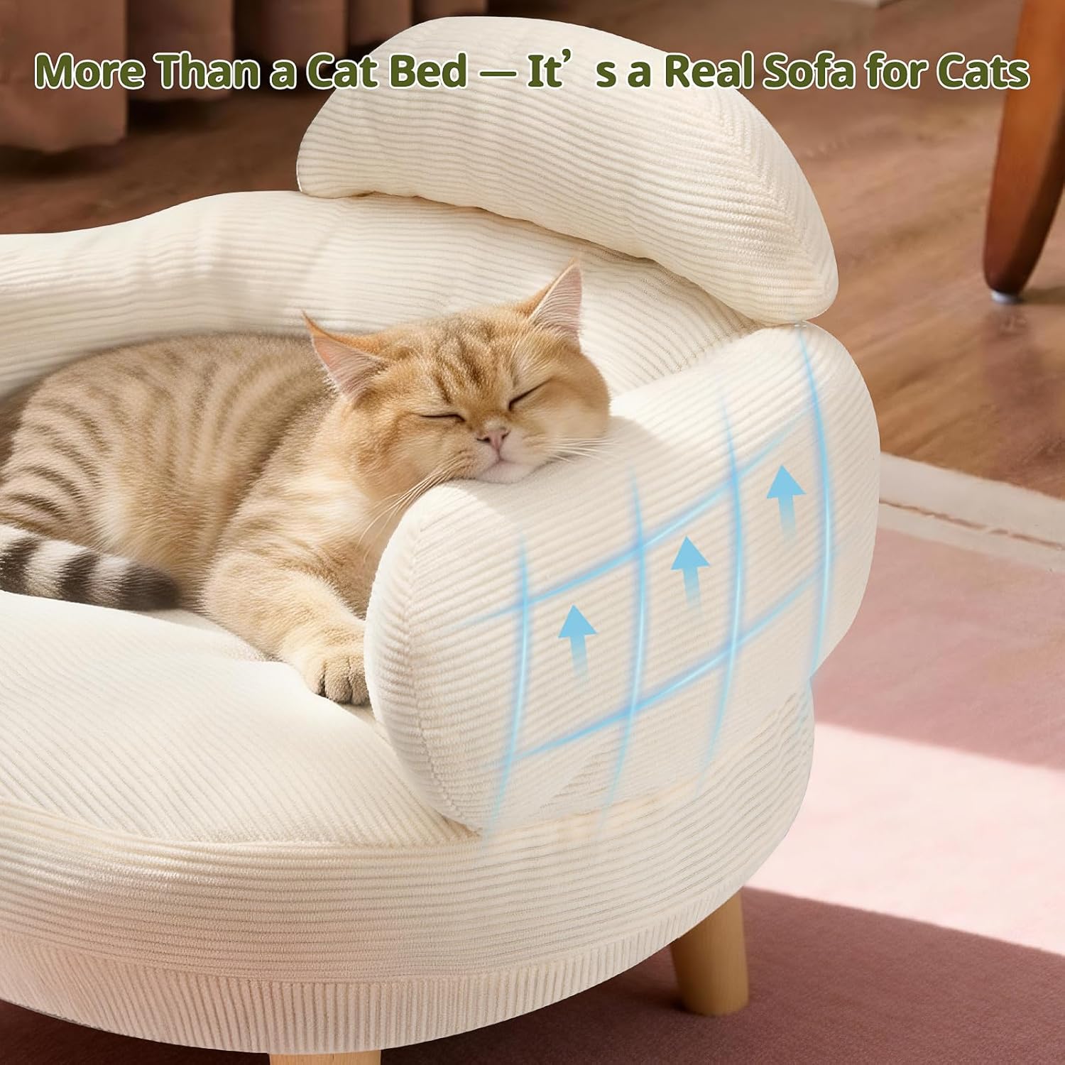 White round cat sofa bed with thick padded arms and wooden legs