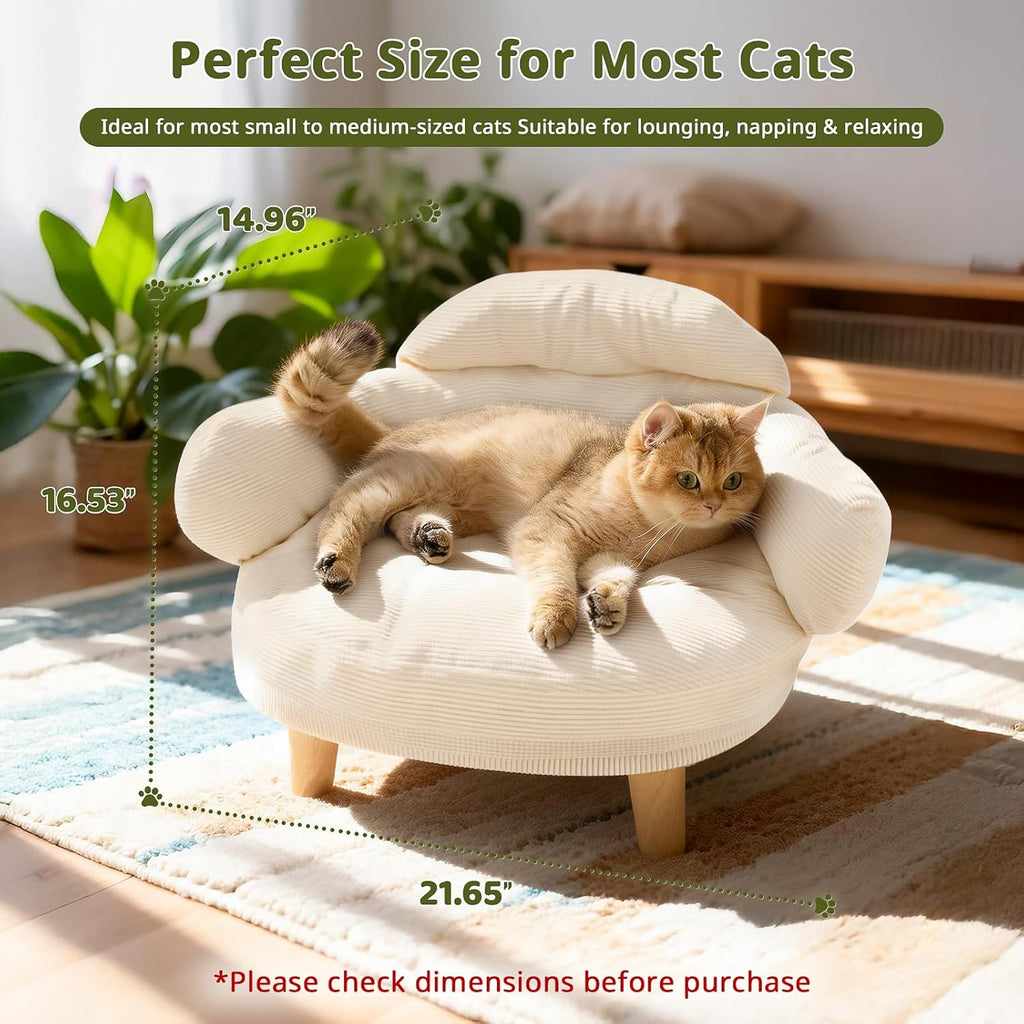 White cat sofa bed with plush round design and wooden legs for small pets