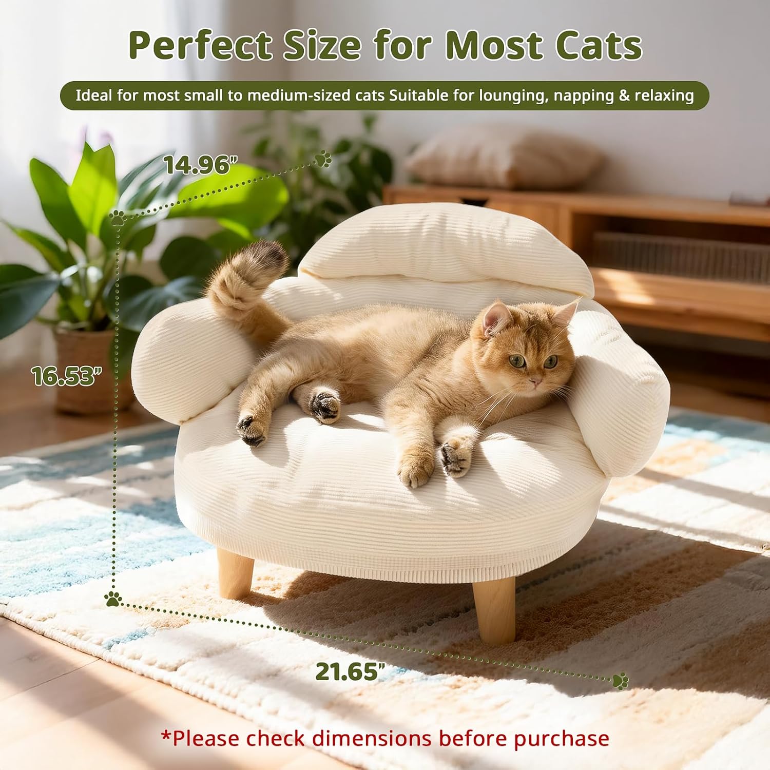 White cat sofa bed with plush round design and wooden legs for small pets