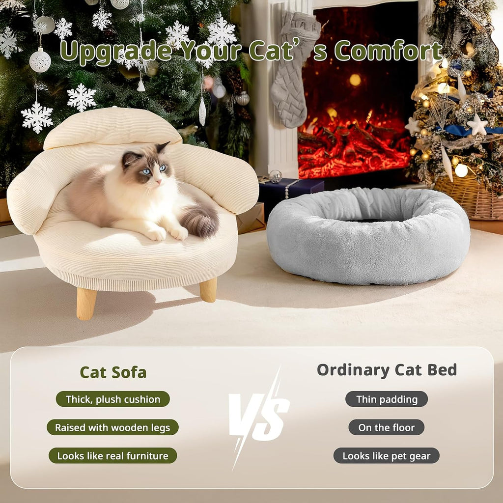 White round cat sofa bed with cushioned backrest and wooden legs