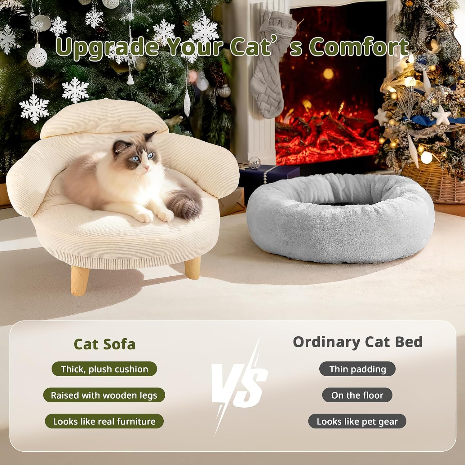 White round cat sofa bed with cushioned backrest and wooden legs