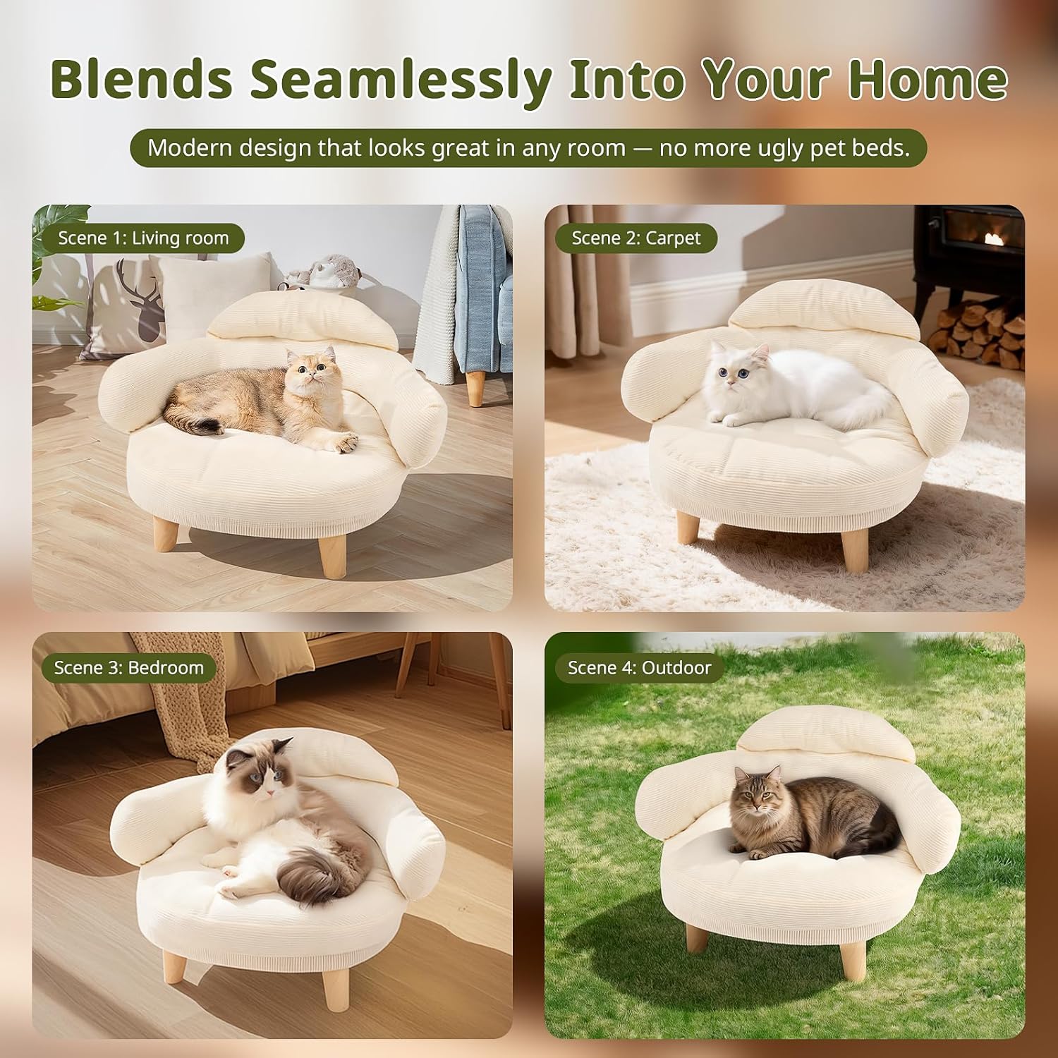 White round cat sofa bed blends into home decor with plush cushion and wooden legs