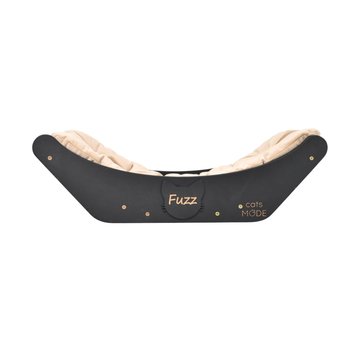Black wall-mounted cat bed with beige cushion and gold 'cats MGDE' detail