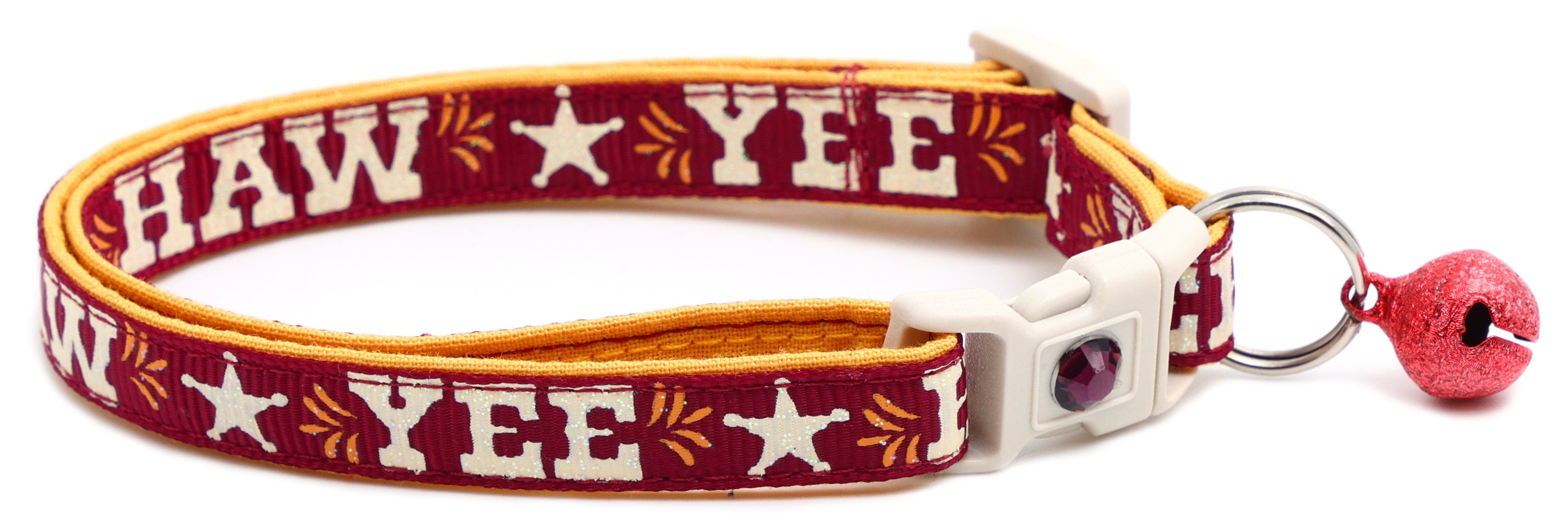 Pet breakaway collar with deep red fabric, HA W pattern, white buckle, red bell charm